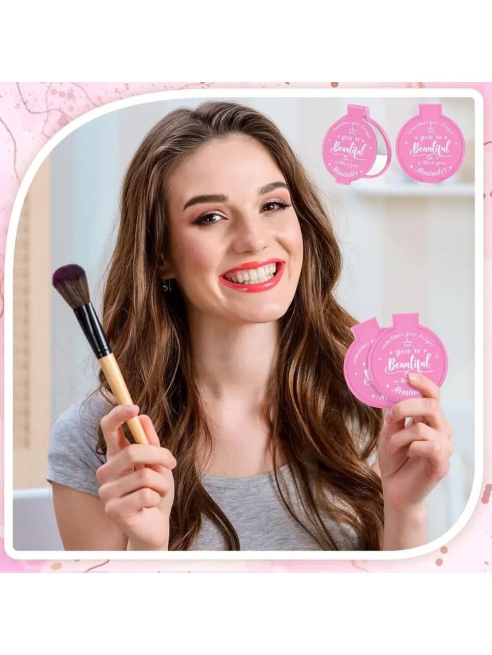 New -4Pcs Compact Mirrors with Inspirational Message -Great Gift Idea -Pink/Wht